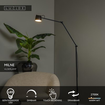 Lucide MILNE - Vloerlamp - LED Dimb. - 1x8W 2700K - Zwart